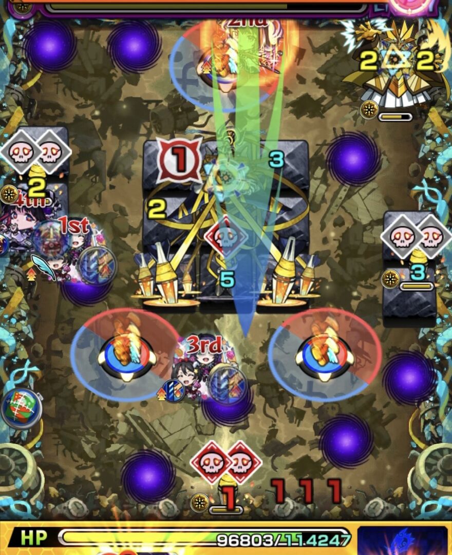 黎絶イプエクティのステージ4でミサイルをドクロ赤（ON）の状態で処理して中ボスの防御ダウンを狙う5手目