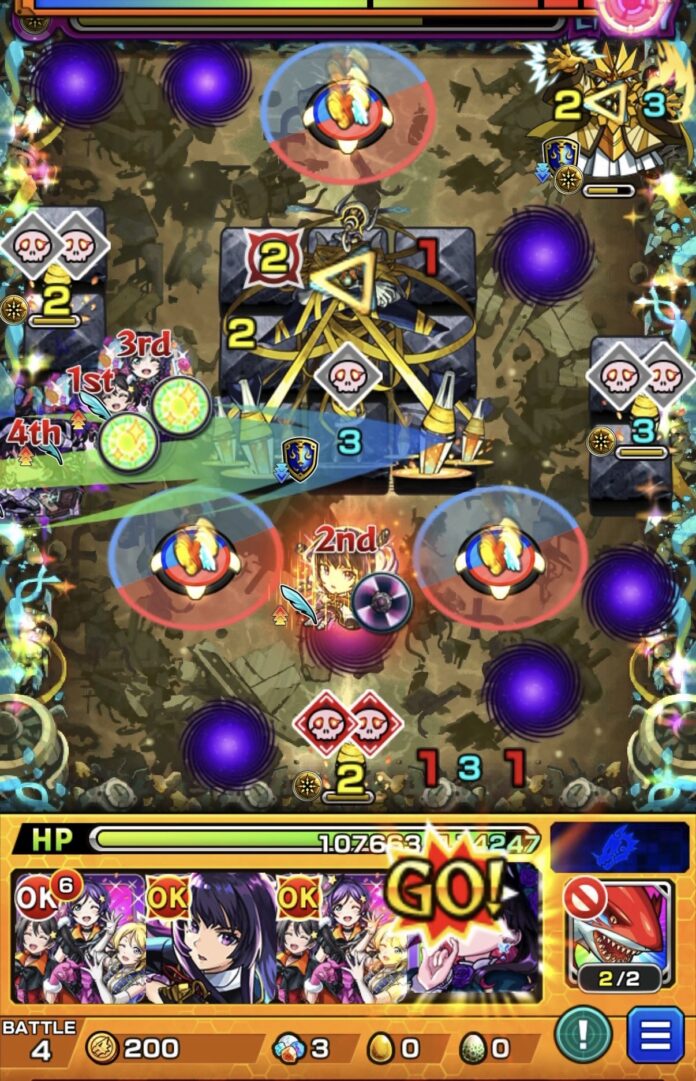黎絶イプエクティのステージ4で全滅攻撃まで残り3ターンとなりアルカのストライクショットを使用して中ボスを攻撃する7手目