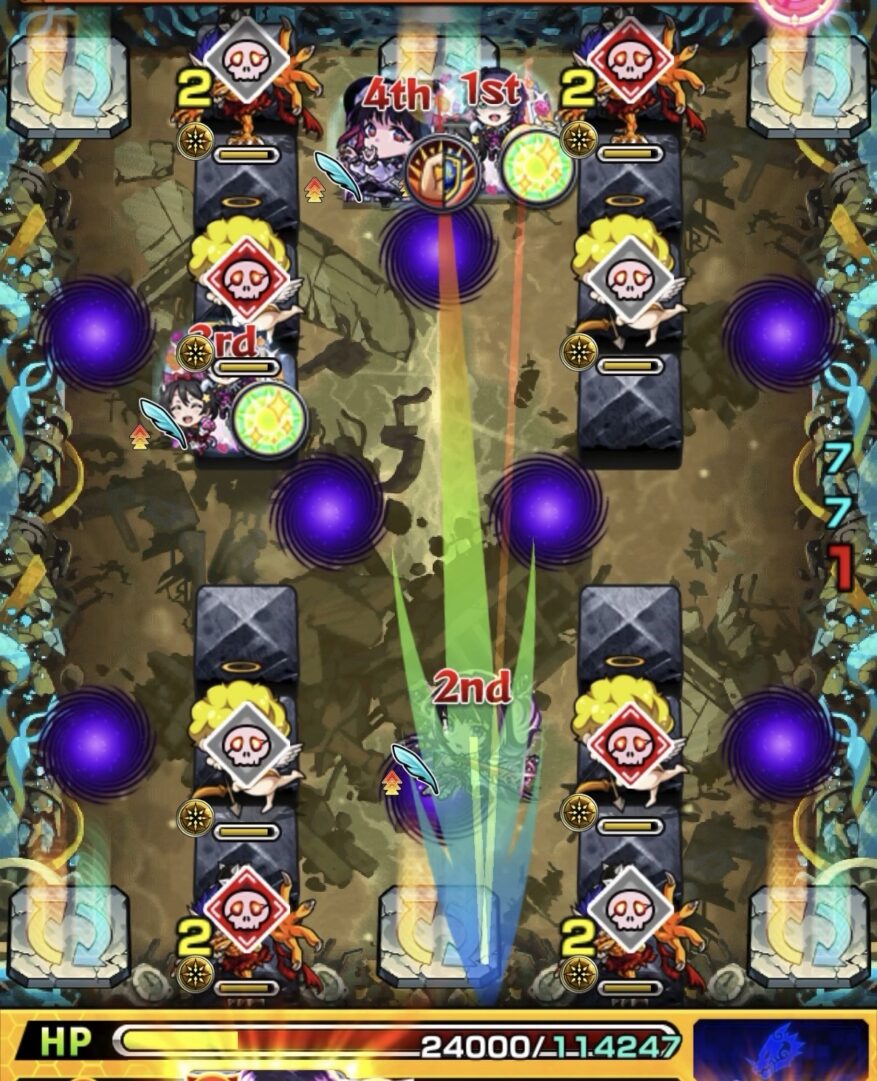 黎絶イプエクティのステージ5で味方1体にふれて小さい鬼をドクロ白（OFF）天使をドクロ赤（ON）に切り替えて間を狙う1手目