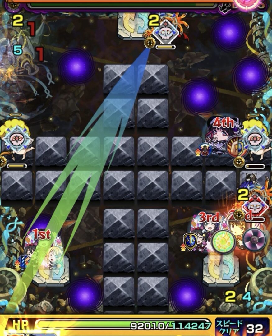 黎絶イプエクティのボス2でドクロ白（OFF）の上側と右下の小さい鬼の処理を狙う2手目
