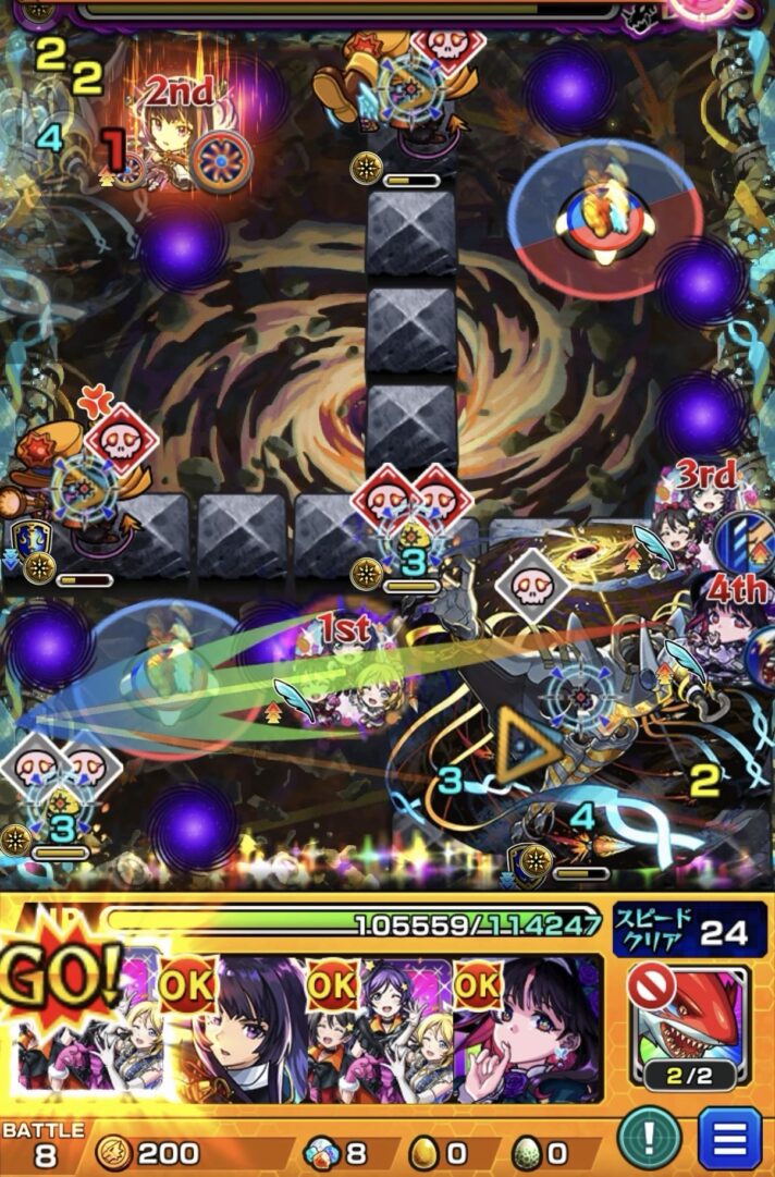 黎絶イプエクティのボス3で音ノ木坂3年のストライクショットを使用しガンマン2体をドクロ白（OFF）に切り替えて処理を狙う4手目