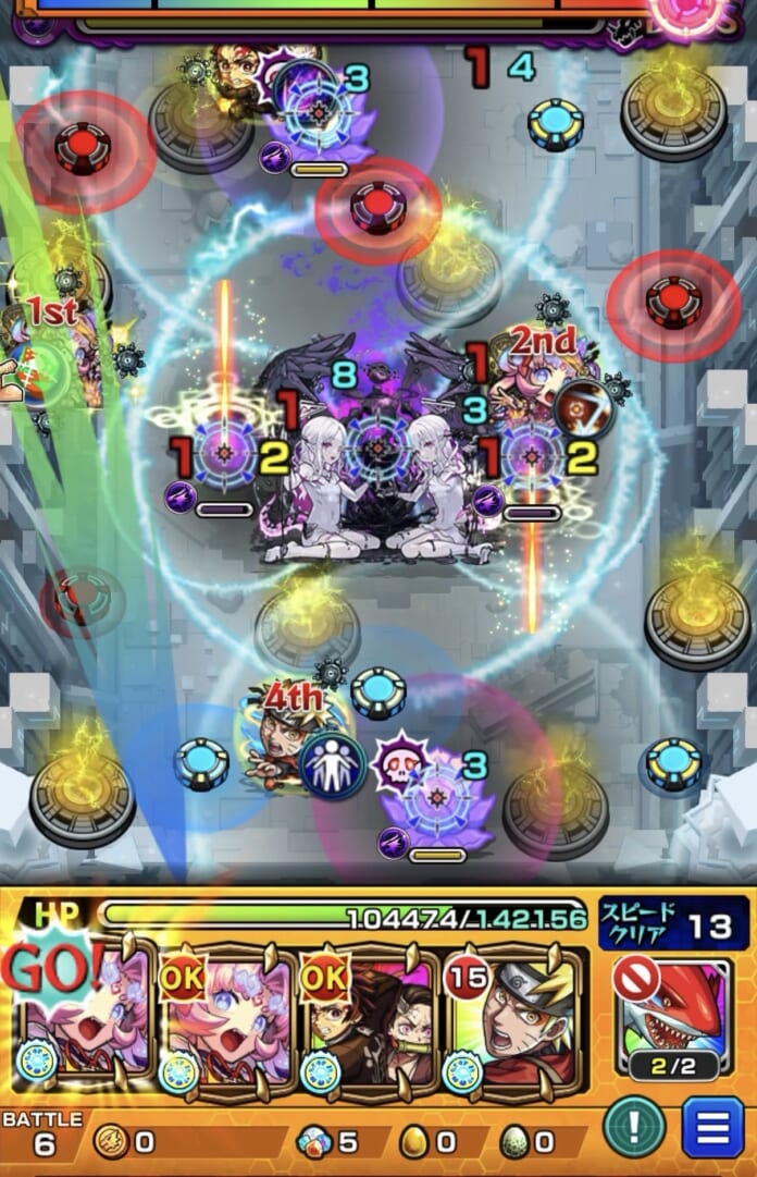 メラン&コリンの星墓ボス第3戦で、紫色属性LBの蓮から赤色通常LBの蓮を経由してボスへ弱点を移動させるルートを狙ったものの、赤色通常LBの蓮の弱点を攻撃できずボスまで弱点を移動できなかった場面