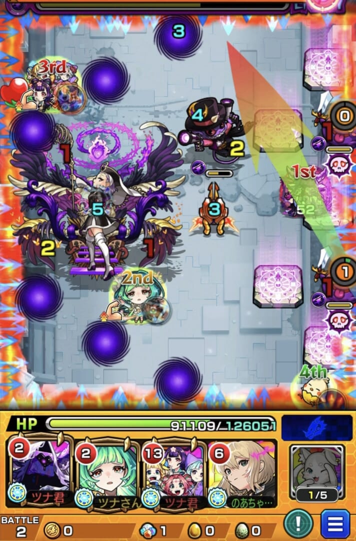 ステージ2の2手目でキャローネのゲージを外し、剣リンを倒さず減速壁への配置を狙う場面