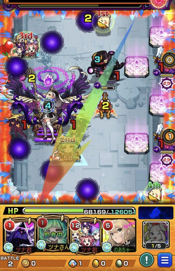 ステージ2の3手目で攻撃力アップ状態のアガスティアを左斜め下に弾き、下壁反射から左壁とゲヘナの間に挟まって突破を狙う場面