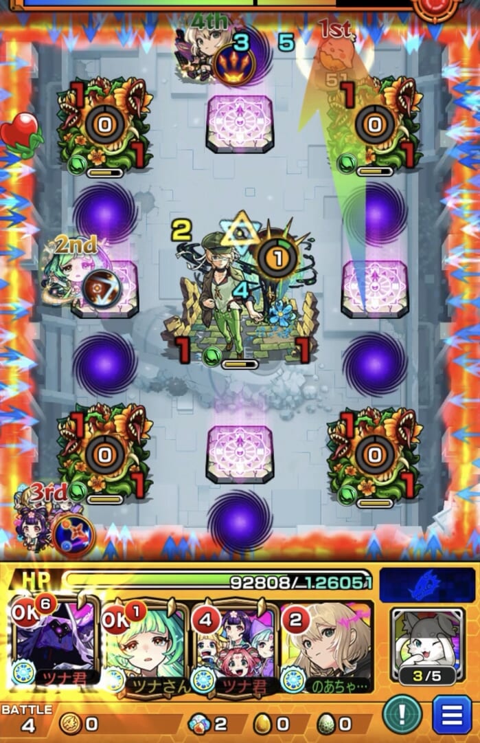 ステージ4の2手目でキャローネを上方向に弾き、少しずつ左へずらしながら魔法陣を踏み、ひよこ状態の解除を狙う場面