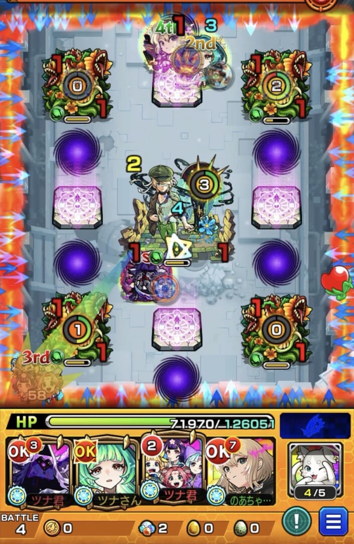 ステージ4の4手目で東方萌萌美人を左斜め下に弾き、左下角で反射してドリアード3体の処理とフェムトへのヒット数稼ぎを狙う場面