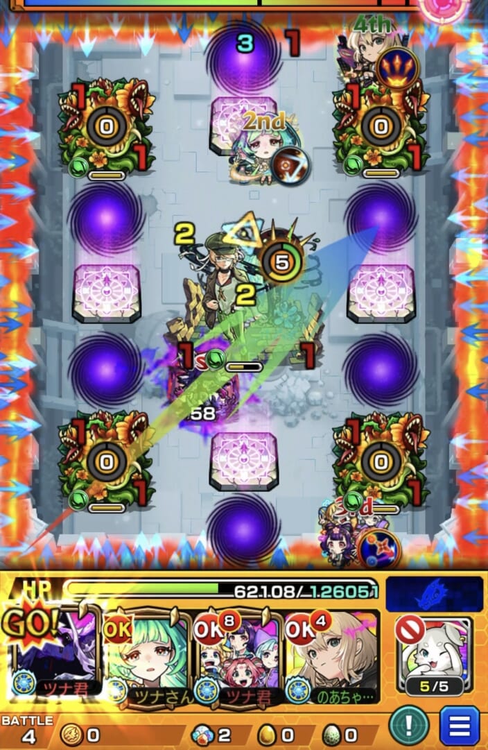 ステージ4の6手目でキャローネの大号令ストライクショットを使用し、味方を動かしながらフェムトとドリアード4体の処理を狙う場面