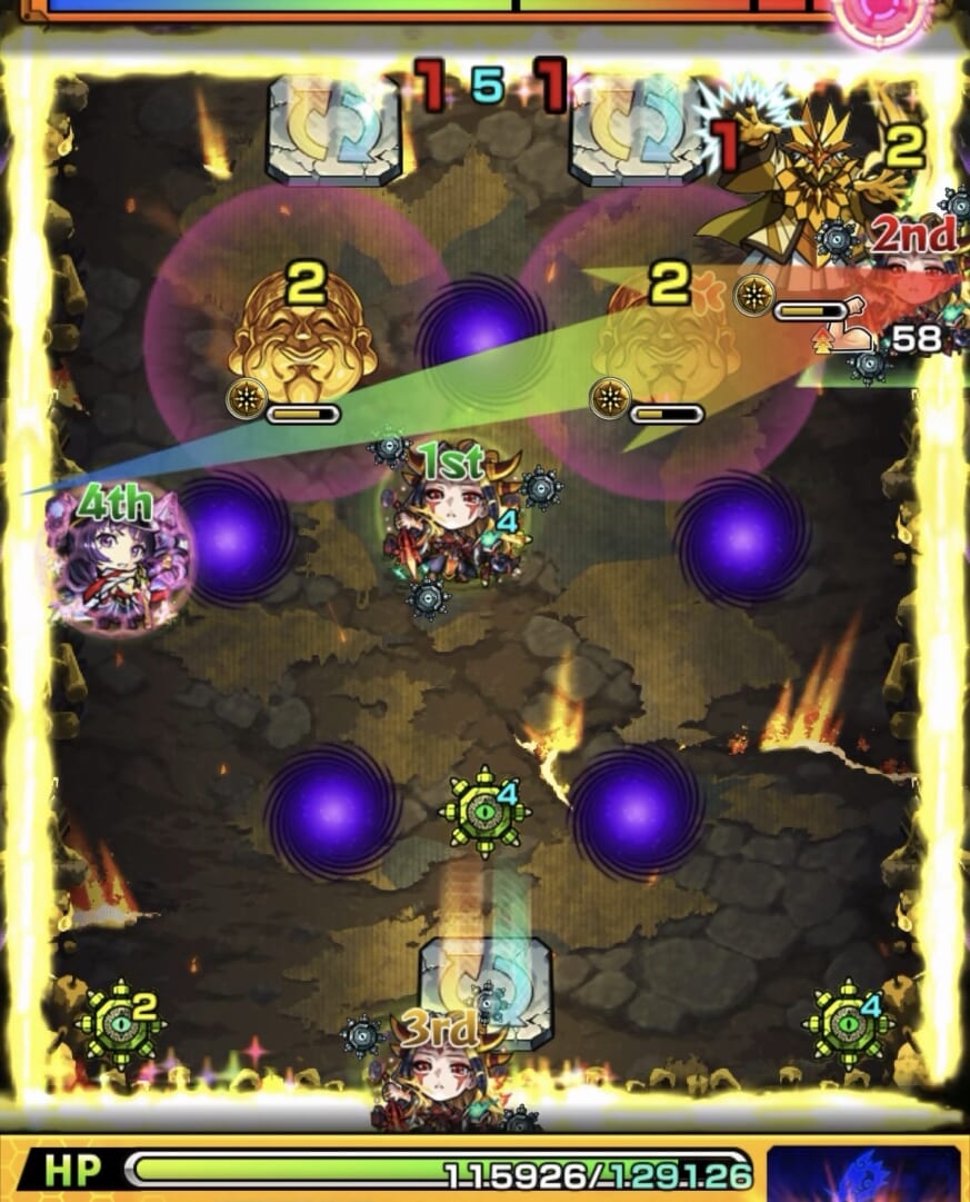 モンスト超究極「大黒天」ステージ4の3手目。右上方向へ斜めに弾き、右壁と魔導師の間に挟まって魔導師を処理した場面。
