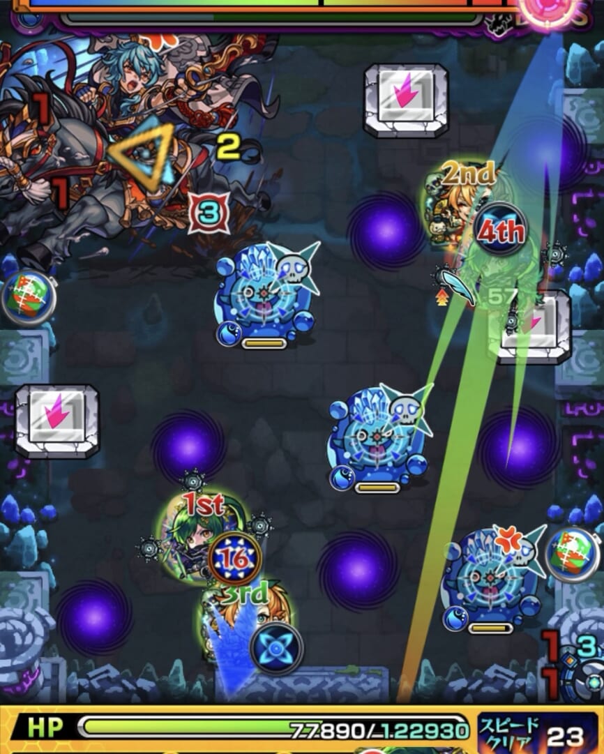 モンスト「未開の幻洞・拠点7」ボス1の2手目で、右斜め上へ弾き、ランチャーパネルへの配置と上壁反射によるぷよリンの処理、配置されたキャラの下壁反射によるボスの弱点攻撃を狙う場面