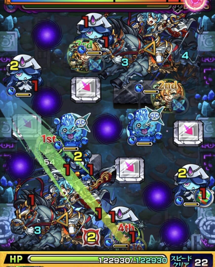 モンスト「未開の幻洞・拠点7」ボス2の1手目で、左斜め上へ弾き、左壁反射によるゾンビの処理とランチャーパネルへの配置を狙う場面