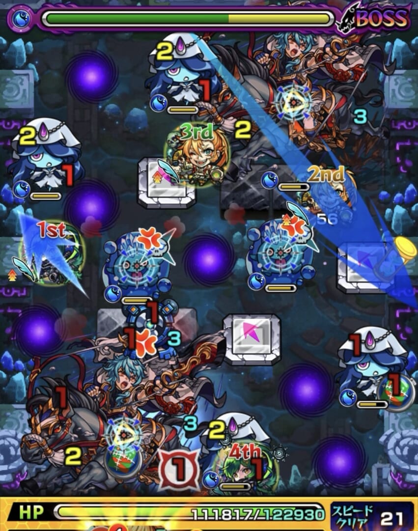 モンスト「未開の幻洞・拠点7」ボス2の2手目で、クレッシェンドアタックが「1」の状態から右斜め下へ弾き、右壁反射とランチャーパネルに配置されたキャラの左壁反射でゾンビ4体の処理を狙う場面