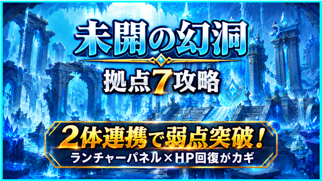 モンスト「未開の幻洞・拠点7」攻略のアイキャッチ画像。青い幻想的な神殿を背景に「2体連携で弱点突破！」「ランチャーパネル×HP回復がカギ」と表示