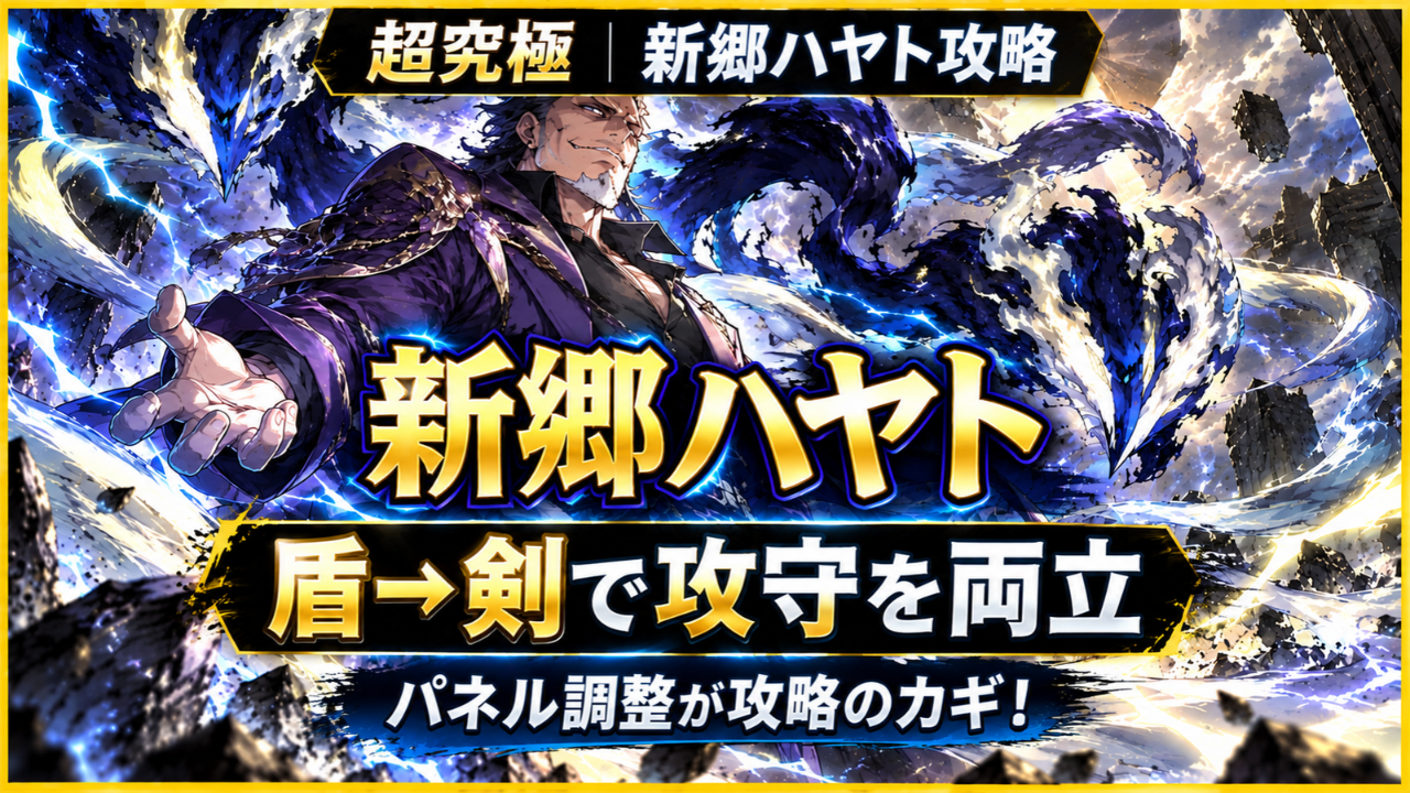 モンスト超究極「新郷ハヤト」の攻略アイキャッチで、盾→剣の順にアイテム生成パネルを踏み、パネル調整しながら立ち回ることが攻略のポイントであることを示した画像