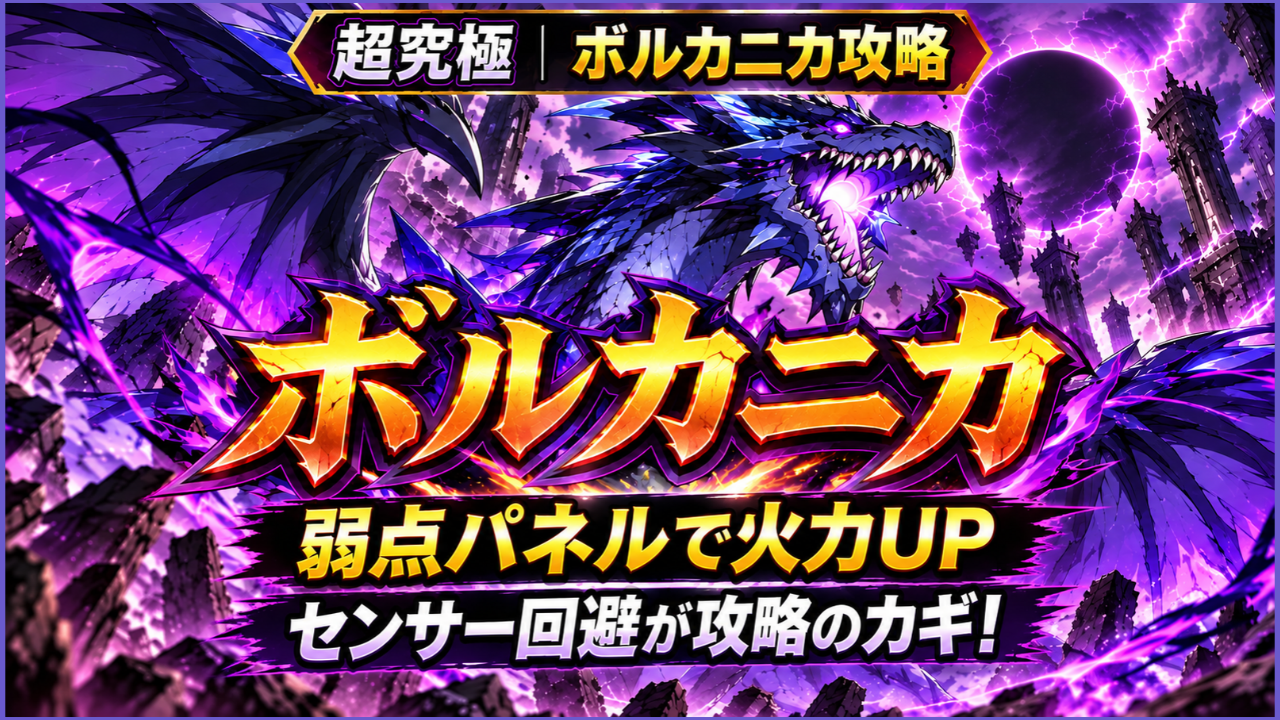 モンスト超究極「ボルカニカ」の攻略アイキャッチで、弱点パワーアップパネルによる火力アップとセンサー回避が攻略のポイントであることを示した画像
